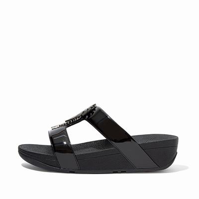 Fitflop Lottie Jungle Leaf Patent Slides - Sandalen Damen - Schwarz (EYS796021)